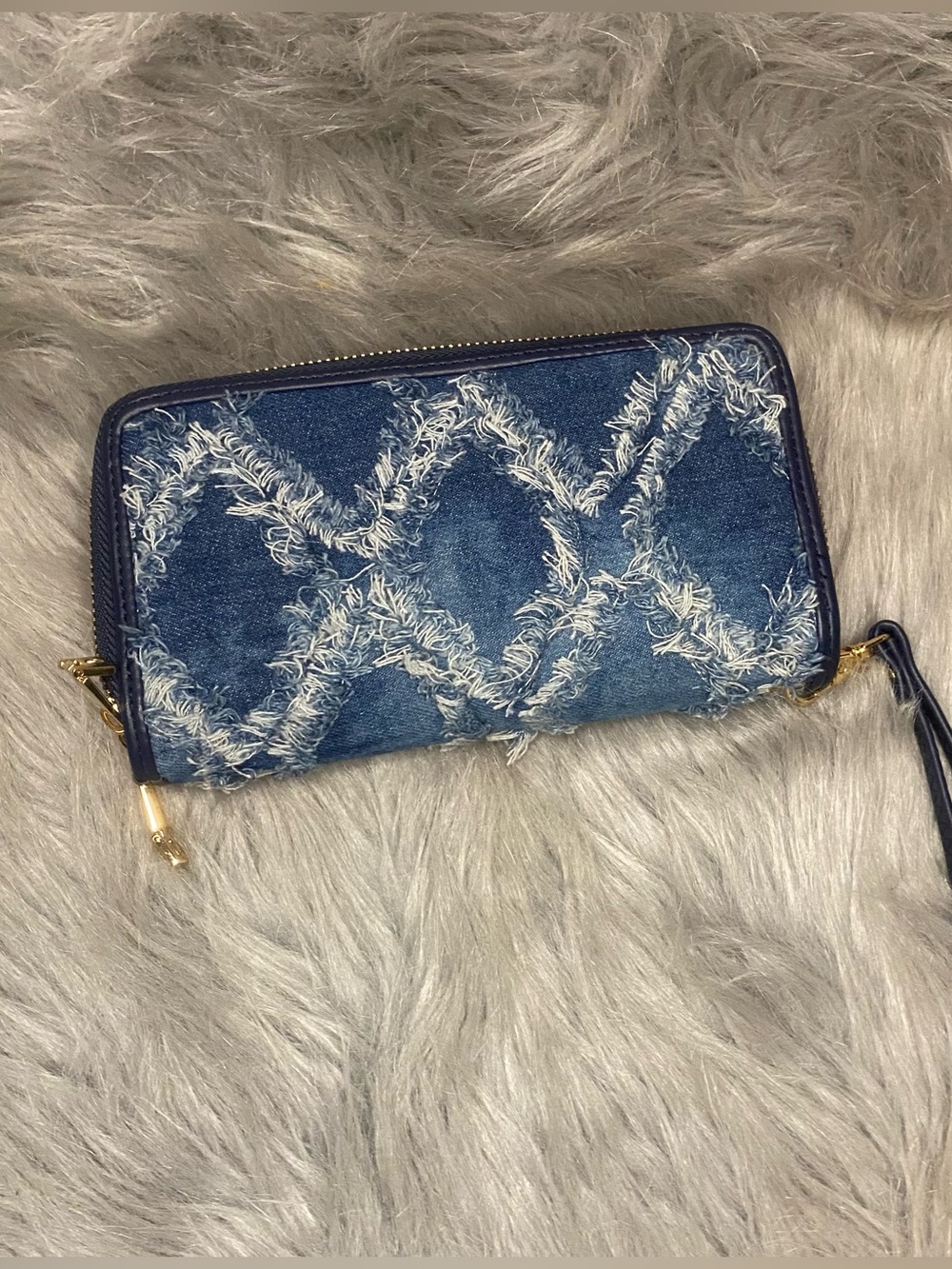 Denim Frayed Chevron Wristlet Wallet - Blue